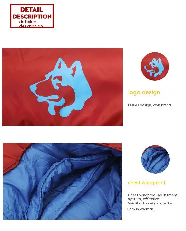 Cotton sleeping bag compressed in storage bag beside expanded sleeping bag showing 230cm length
