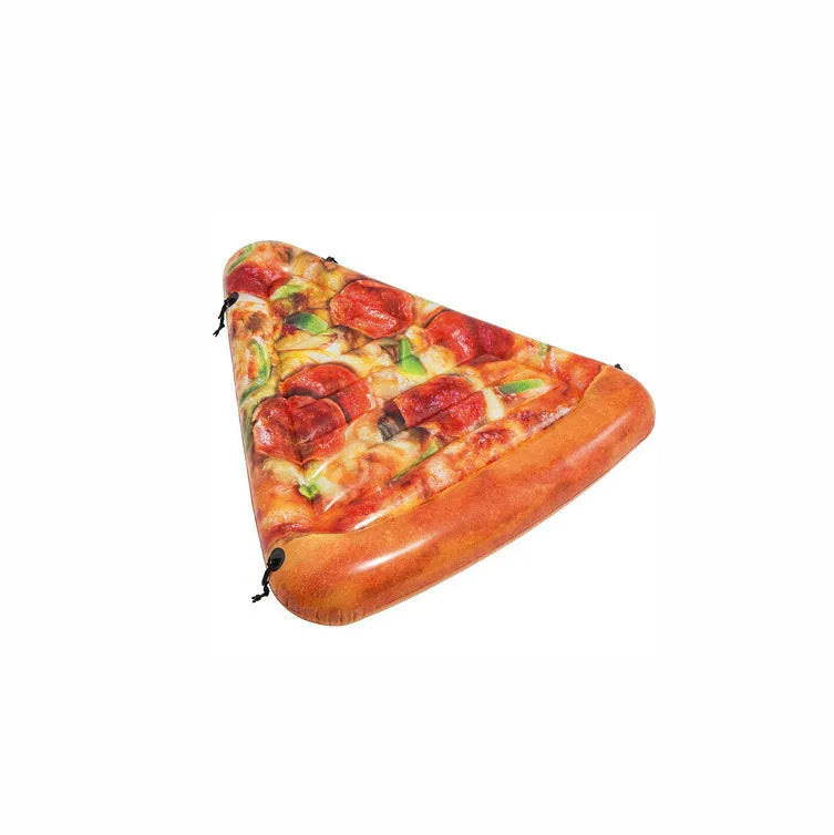 Large red and yellow inflatable pizza slice on a surfboard design, floating on water.