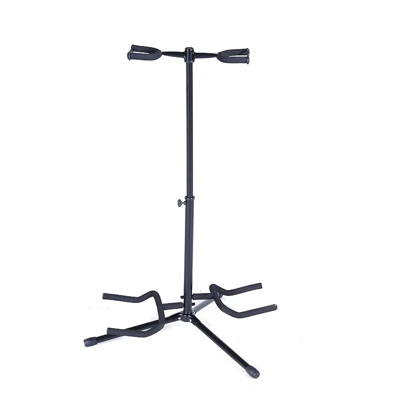 Black vertical double-headed adjustable guitar stand for electric and acoustic instruments
