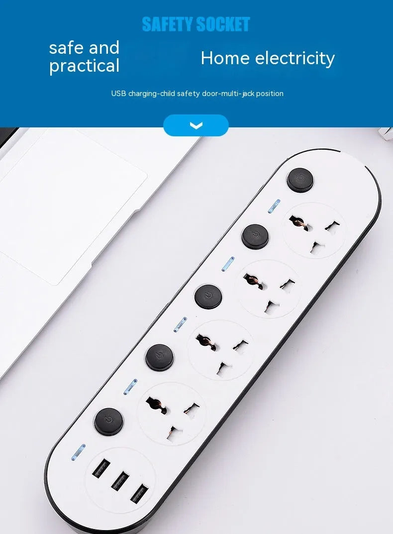 Multi-switch USB power strip compatible with international plugs on a desk.