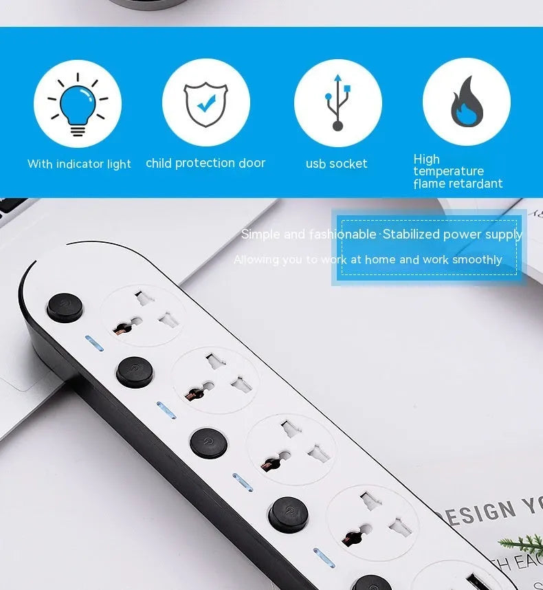 Multi-switch USB power strip compatible with international plugs on a desk.