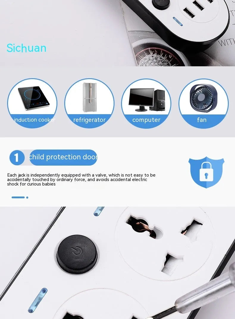 Multi-switch USB power strip compatible with international plugs on a desk.