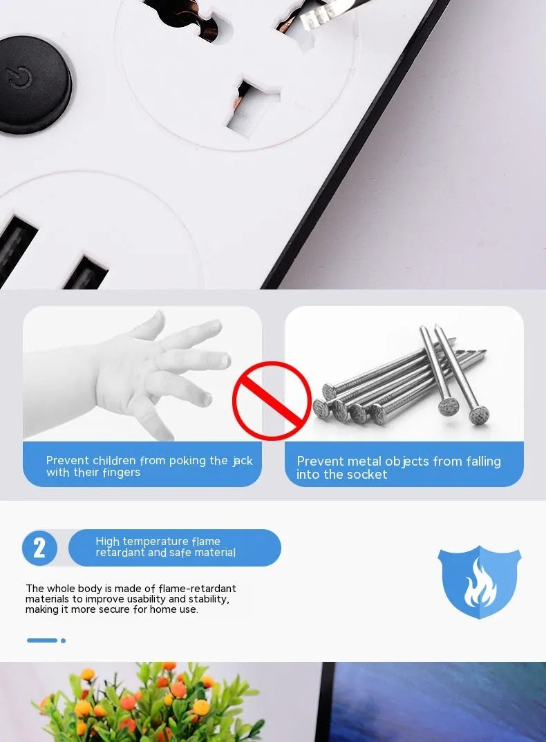 Multi-switch USB power strip compatible with international plugs on a desk.