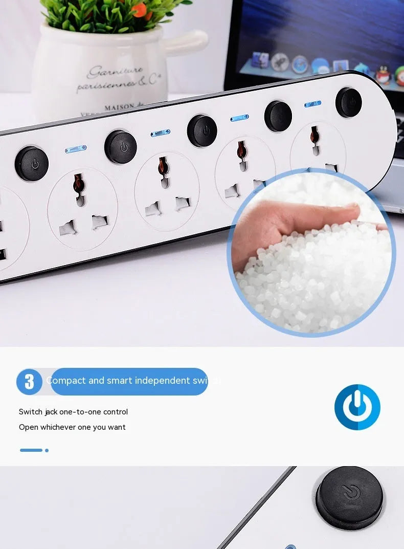 Multi-switch USB power strip compatible with international plugs on a desk.