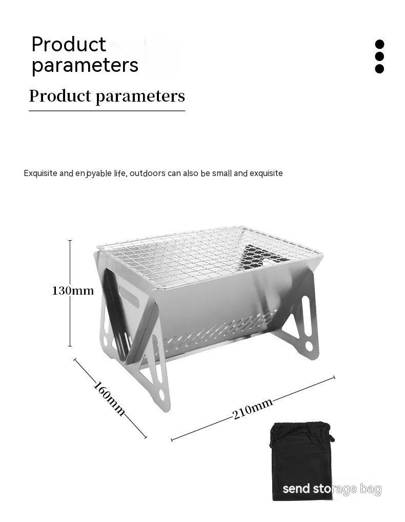 Folding stainless steel outdoor barbecue oven with grill rack and storage bag.