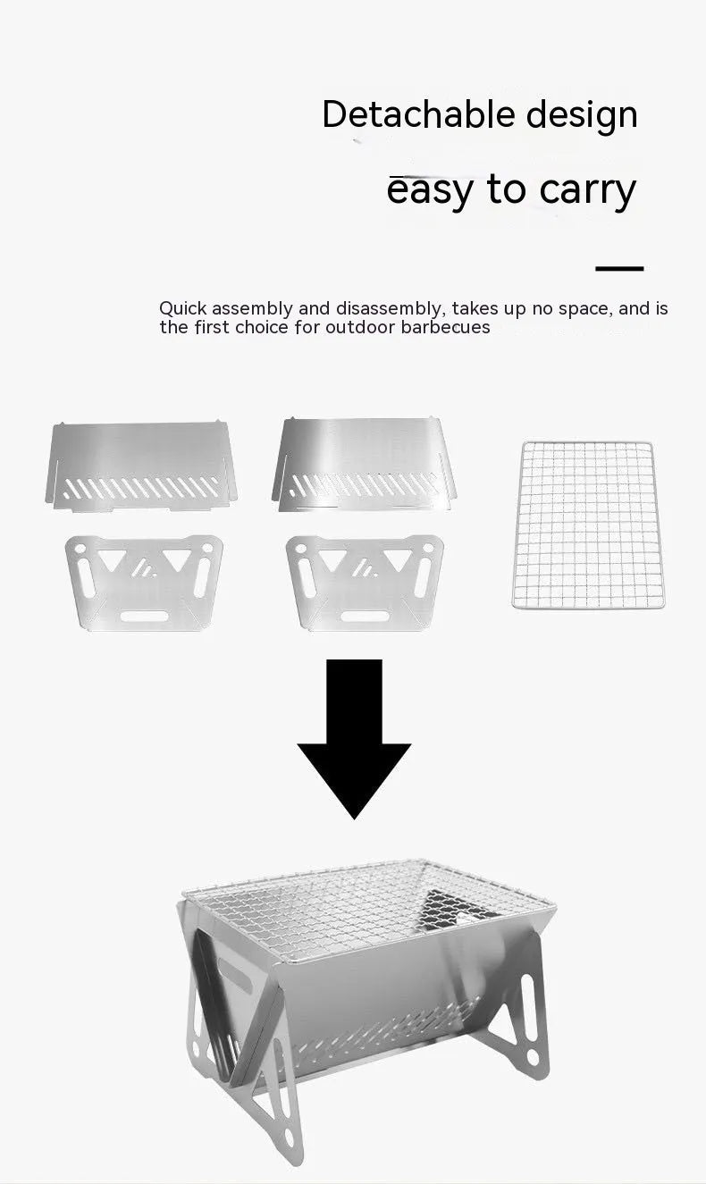 Folding stainless steel outdoor barbecue oven with grill rack and storage bag.