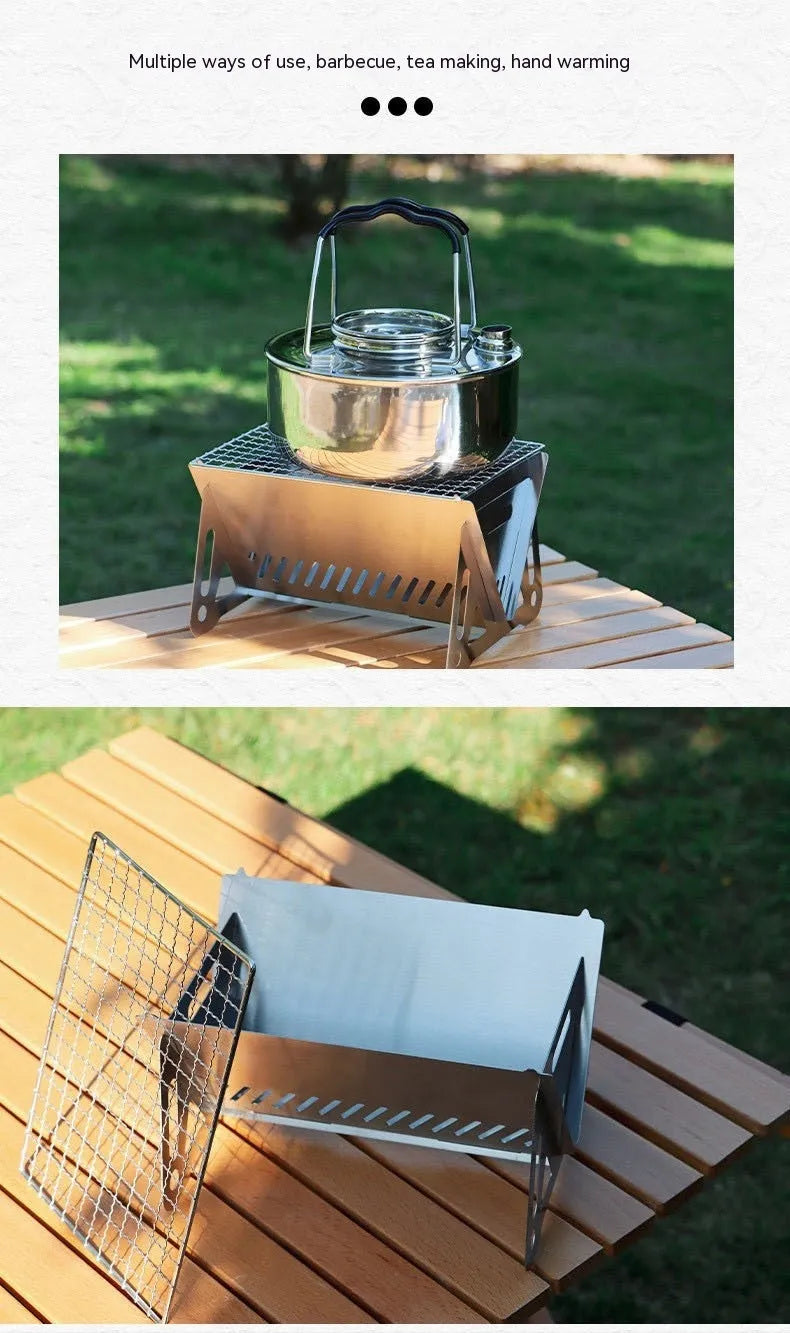 Folding stainless steel outdoor barbecue oven with grill rack and storage bag.