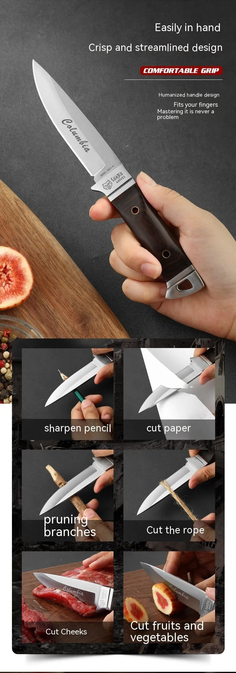 Stainless steel fixed blade camping knife with leather sheath national style design