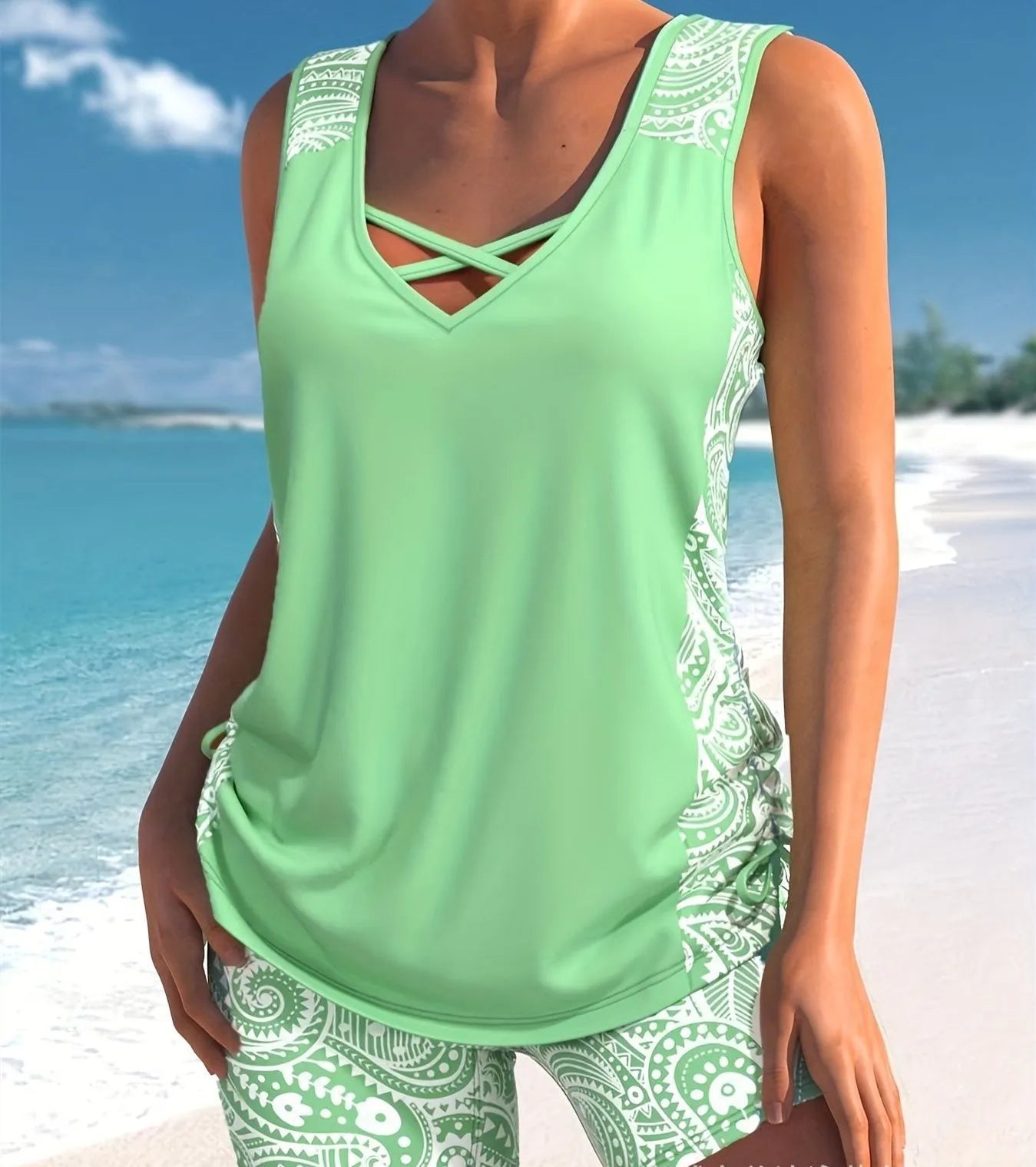 Women's printed split boxer swimsuit with polyester fabric and acrylic lining for swimming