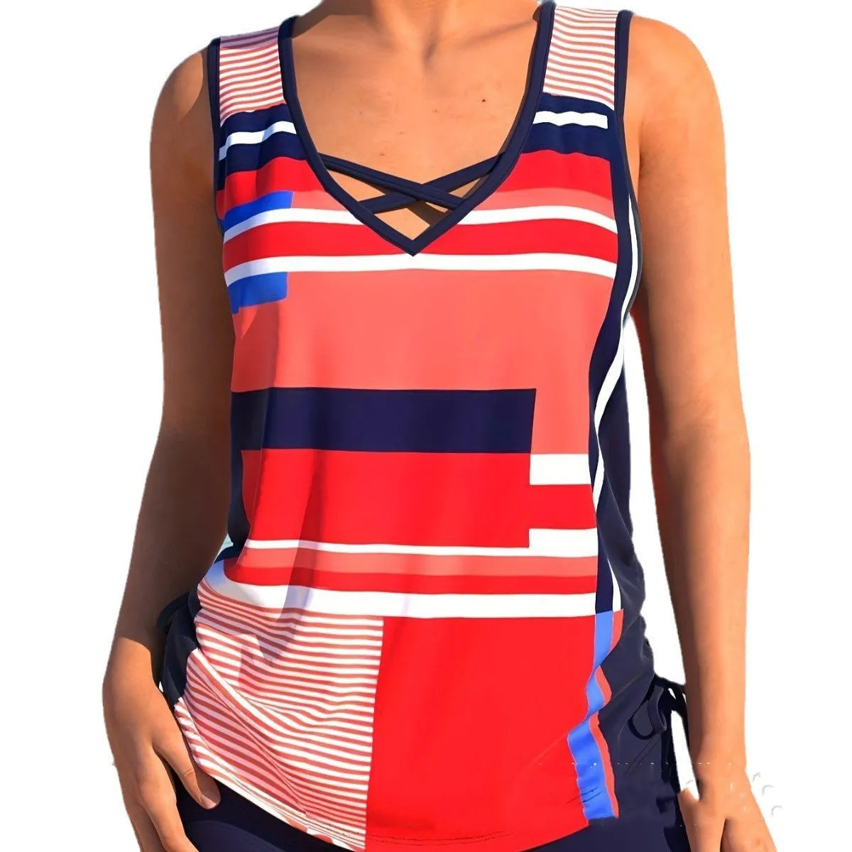 Women's printed split boxer swimsuit with polyester fabric and acrylic lining for swimming