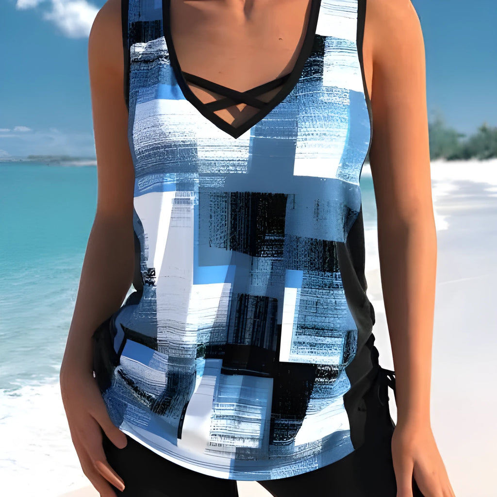 Women's printed split boxer swimsuit with polyester fabric and acrylic lining for swimming