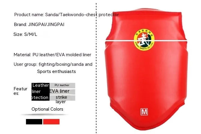Red boxing helmet and matching one-piece chest protector on a sports background.