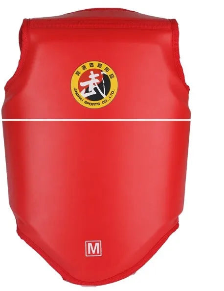 Red boxing helmet and matching one-piece chest protector on a sports background.