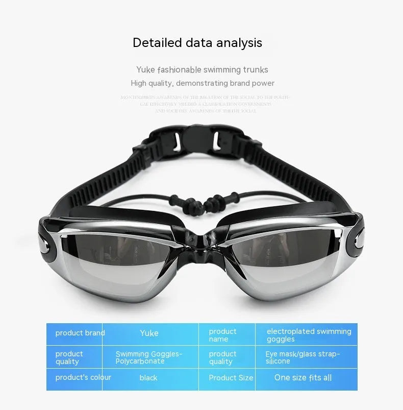 Men's black polyester swimming set with trunks, anti-fog goggles, cap, ear plugs, nose clip, and carrying bag