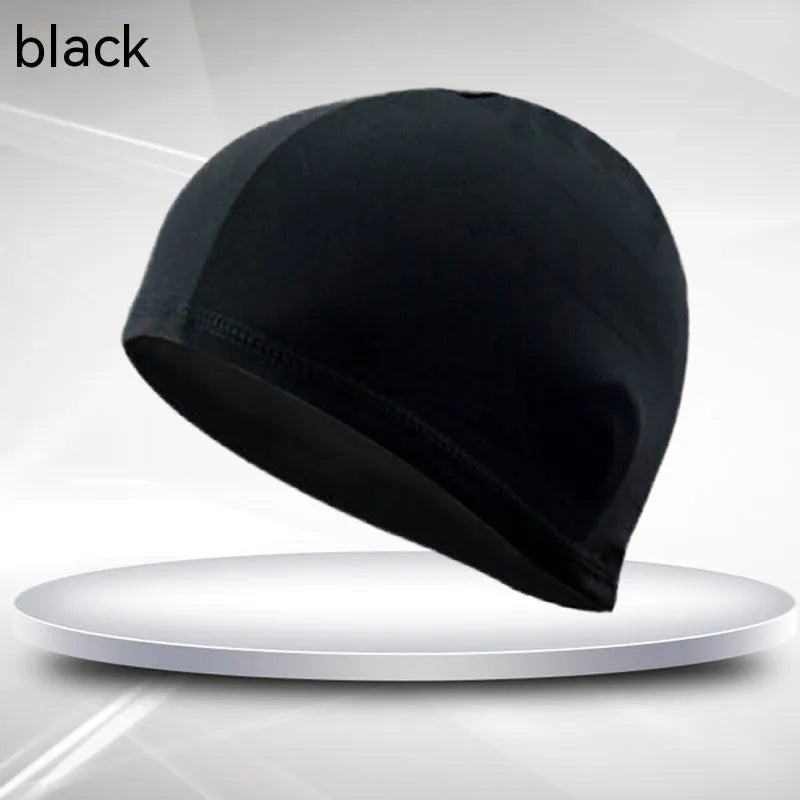 Black unisex adult cloth swim cap made from polyester fabric.