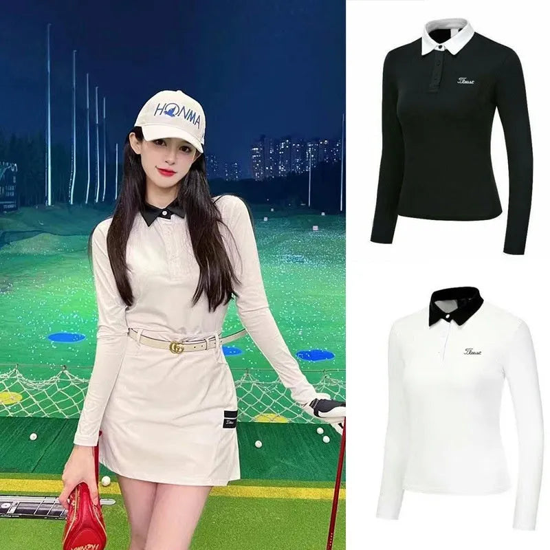 Women's white polyester long sleeve golf top with slim sports cut for outdoor activities