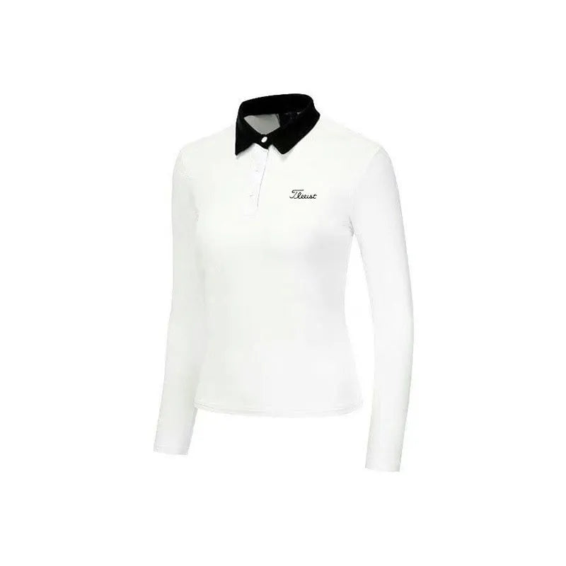 Women's white polyester long sleeve golf top with slim sports cut for outdoor activities