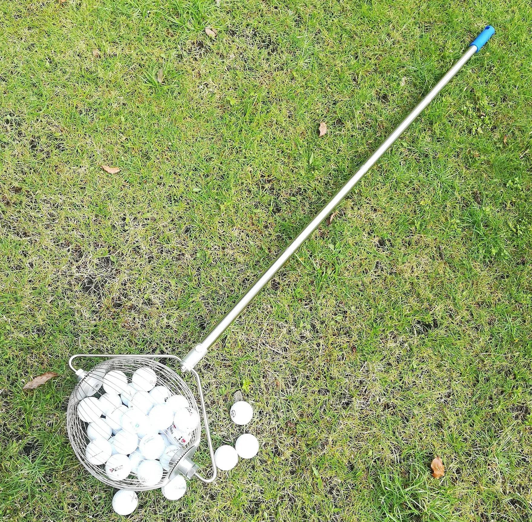 Stainless steel golf ball picker with metallic finish for retrieving balls without bending