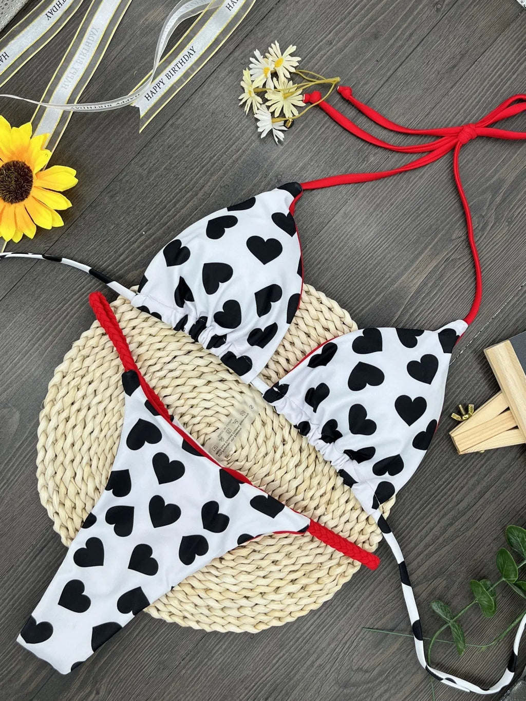 Women's heart print backless swimsuit with cotton lining in European and American style