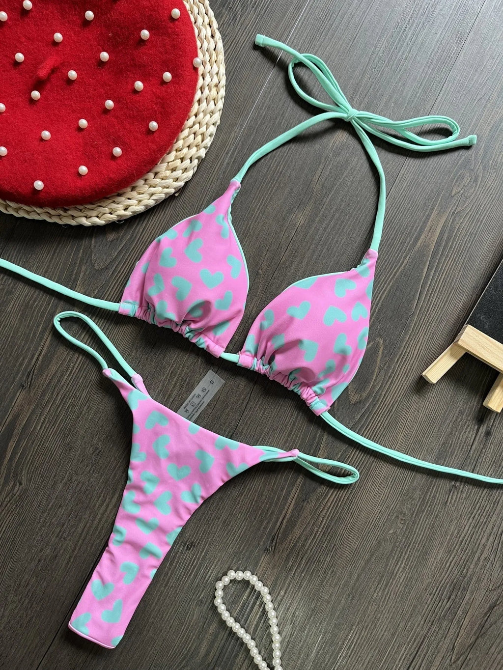 Women's heart print backless swimsuit with cotton lining in European and American style