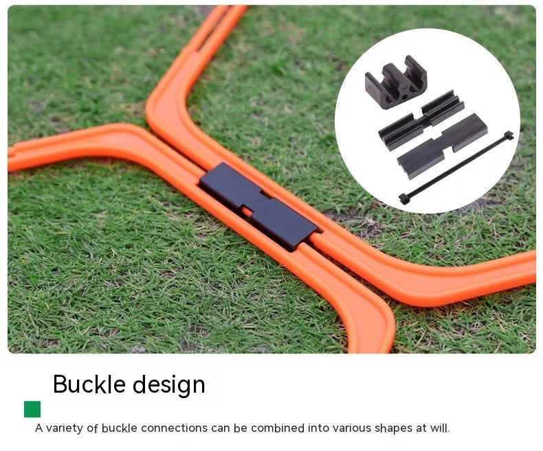 Six foldable hexagon agility training rings in green, orange, and yellow colours laid out on grass.