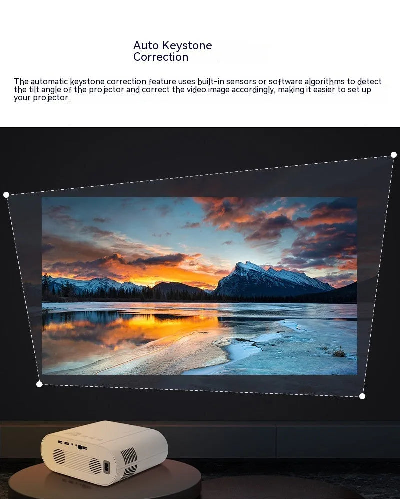 White Full HD smart projector with remote control showing 1080p resolution and Android OS