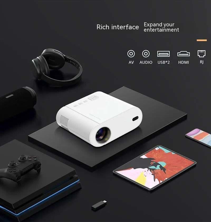 White Full HD smart projector with remote control showing 1080p resolution and Android OS