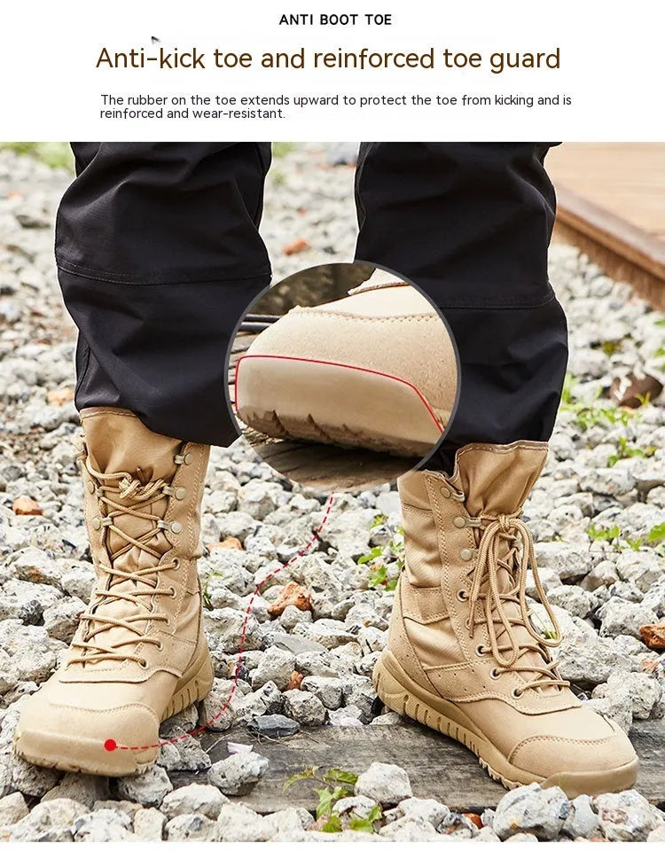 Yulong tactical desert combat boots in black and sand colour on a rocky outdoor terrain.