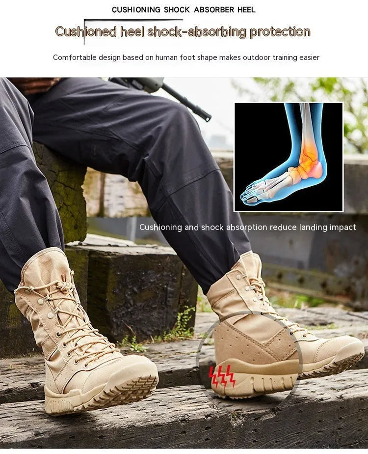 Yulong tactical desert combat boots in black and sand colour on a rocky outdoor terrain.