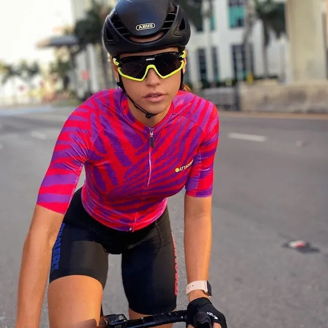 Attaquer womens kaleidoscope print long sleeve cycling jersey and matching bib shorts set.