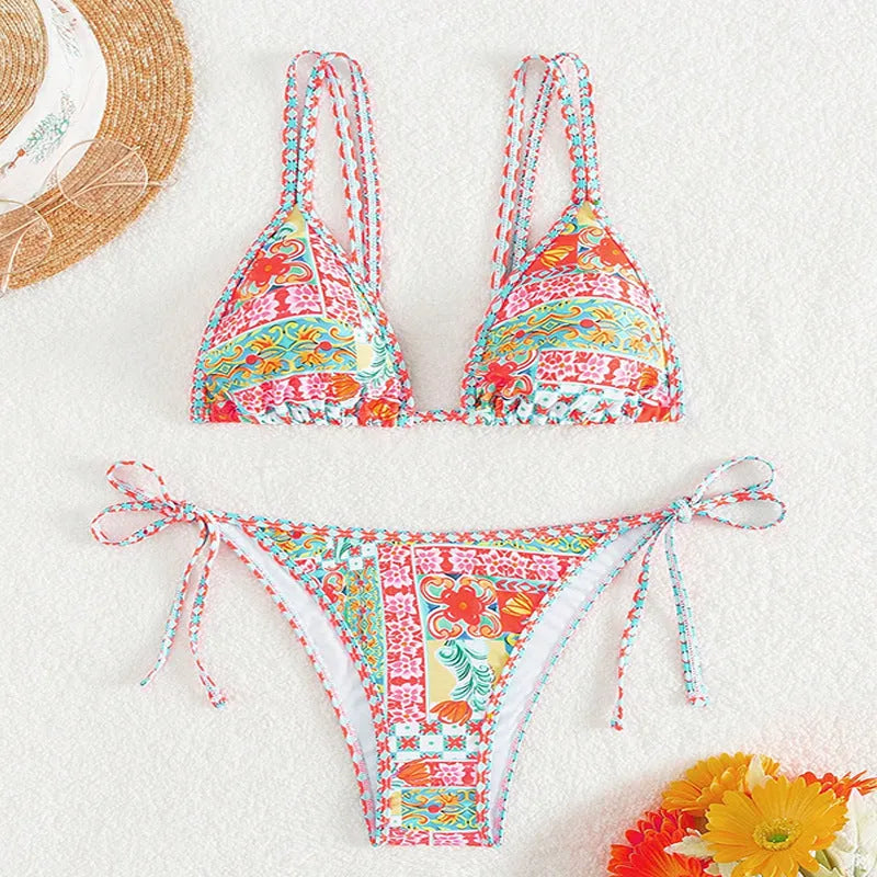 Women's lace-up front split briefs swimsuit bikini set in picture colour.