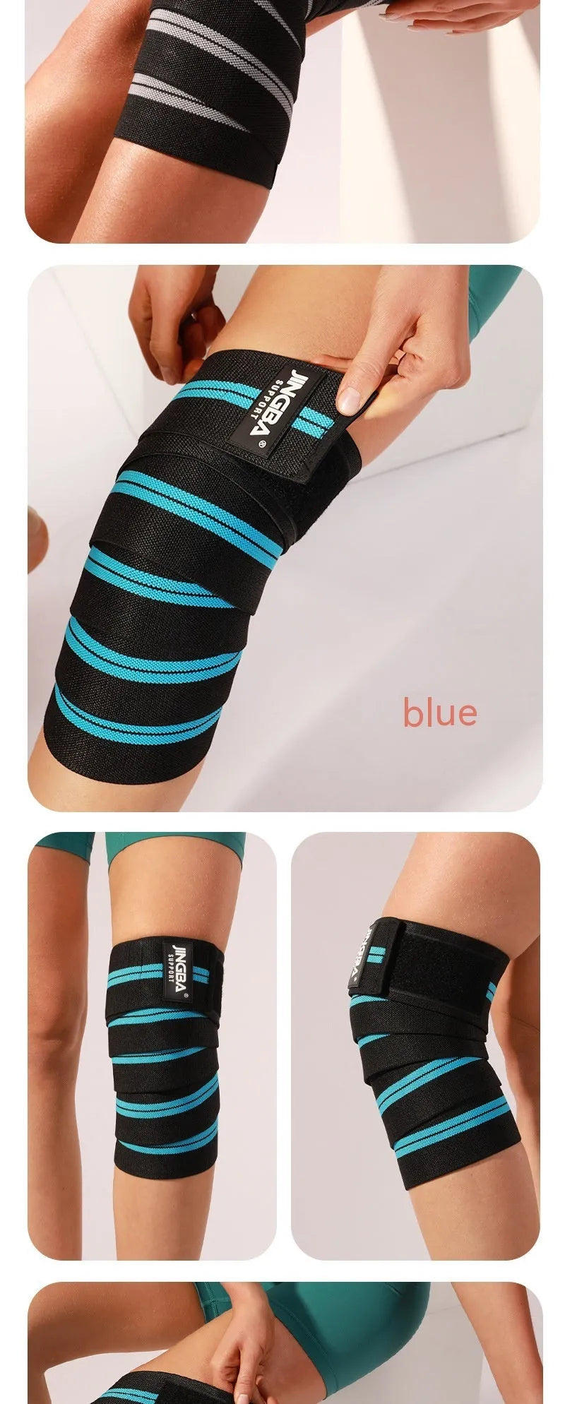 Adjustable free-size sports knee pads in blue, yellow, red, and grey for adult weightlifting and cycling