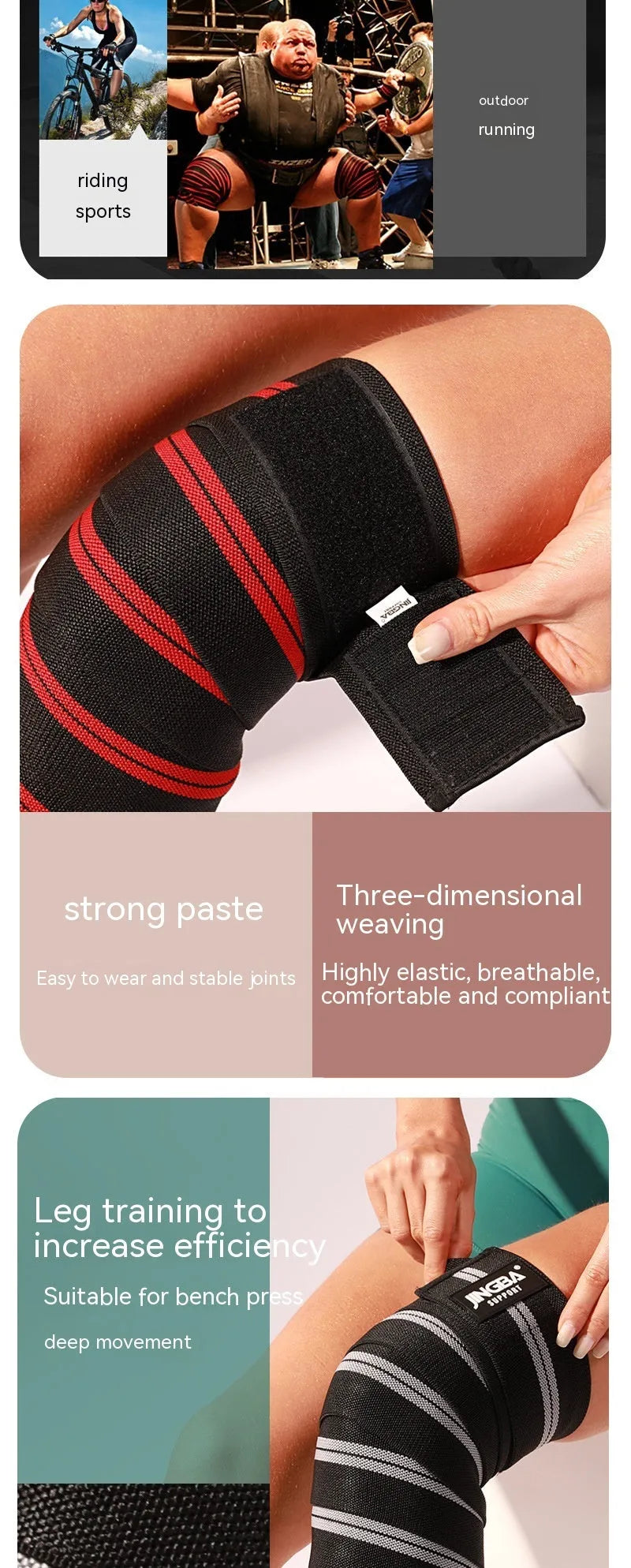 Adjustable free-size sports knee pads in blue, yellow, red, and grey for adult weightlifting and cycling