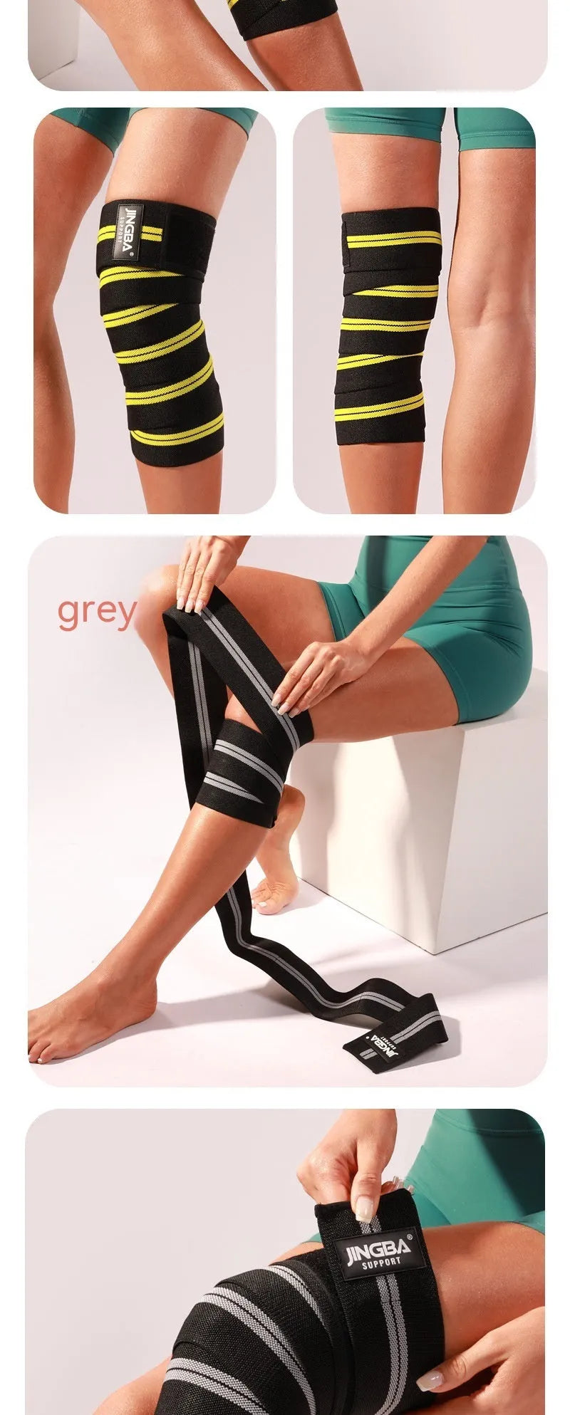 Adjustable free-size sports knee pads in blue, yellow, red, and grey for adult weightlifting and cycling