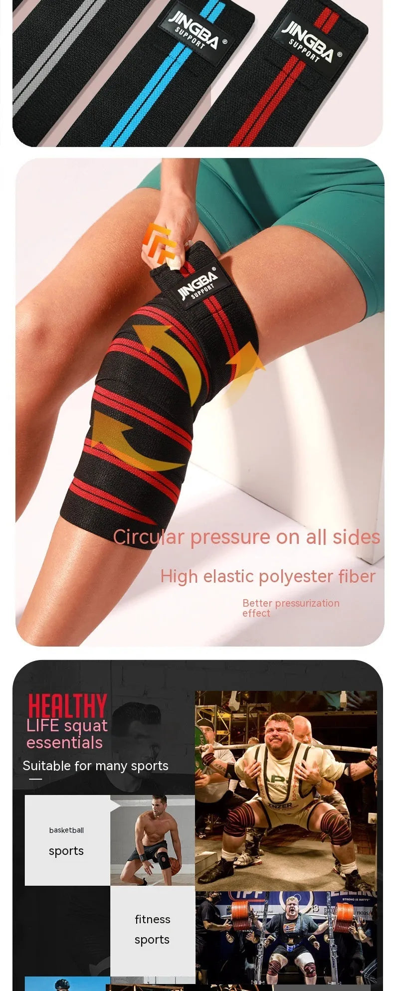 Adjustable free-size sports knee pads in blue, yellow, red, and grey for adult weightlifting and cycling