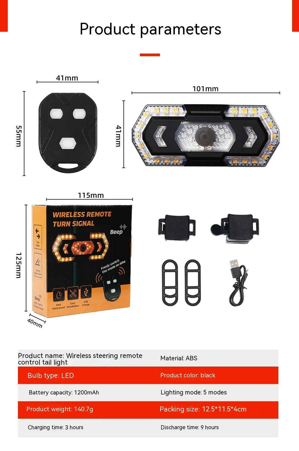Black remote control USB charging waterproof LED taillight with wireless remote for bikes.