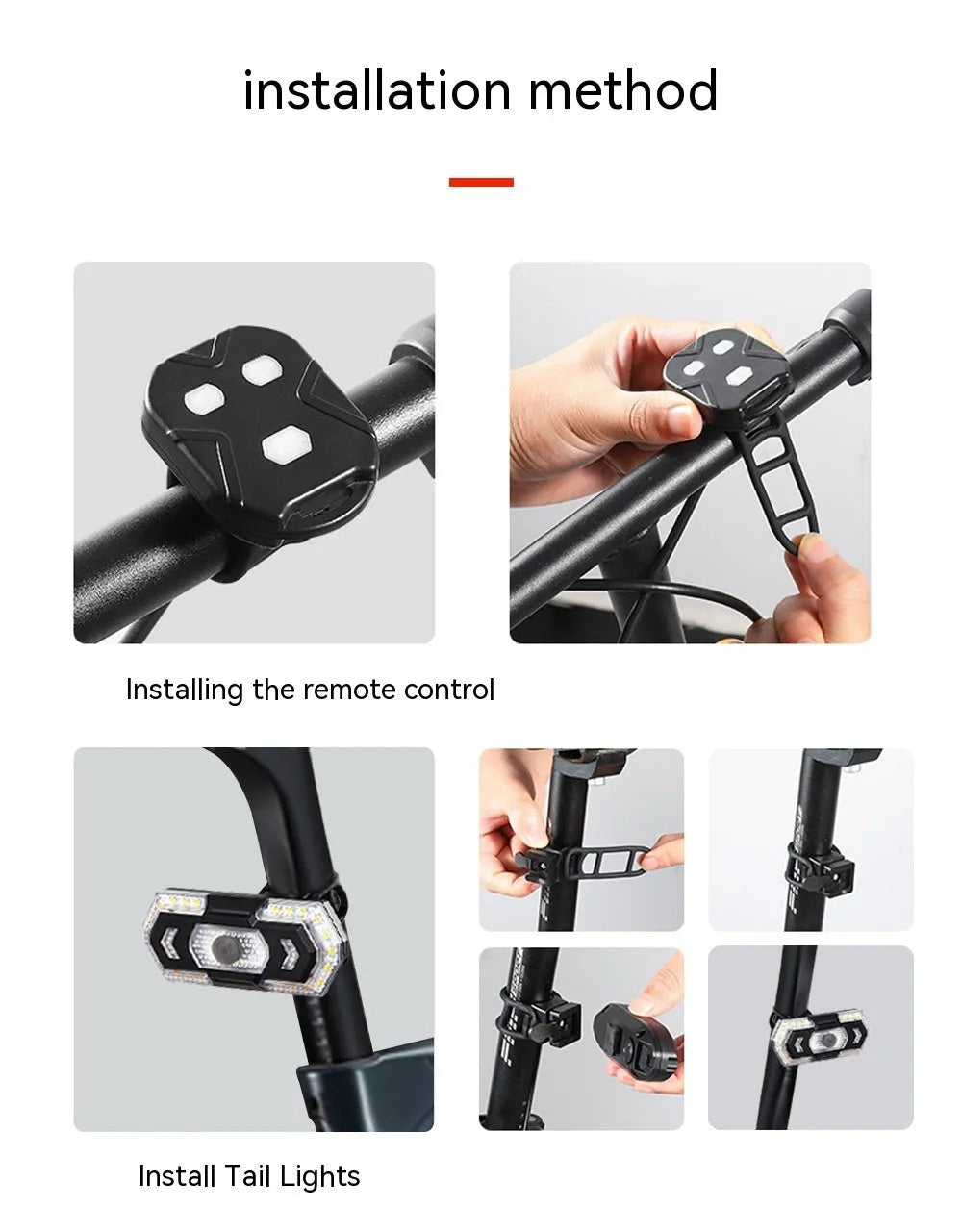 Black remote control USB charging waterproof LED taillight with wireless remote for bikes.