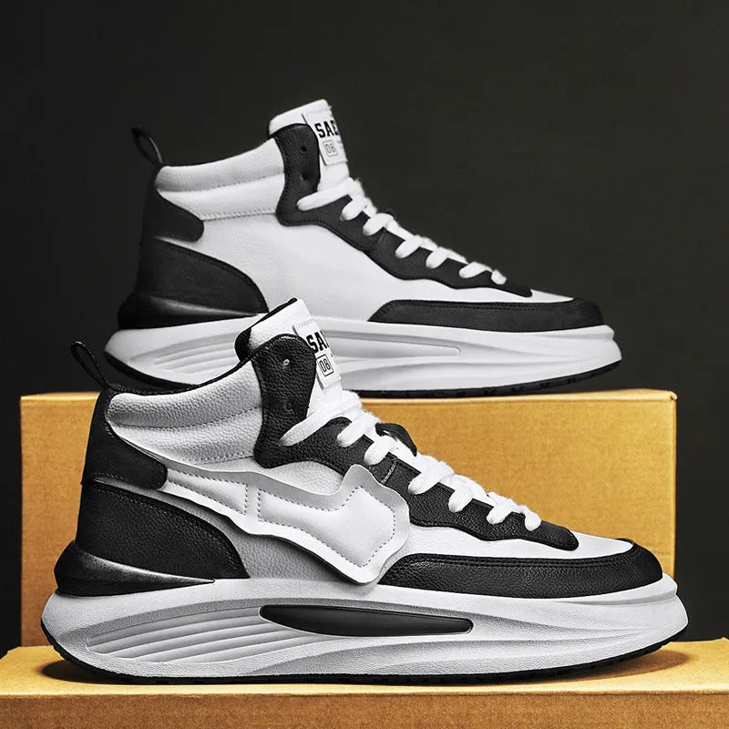 Men's black and white platform high-top shoes with round toe design