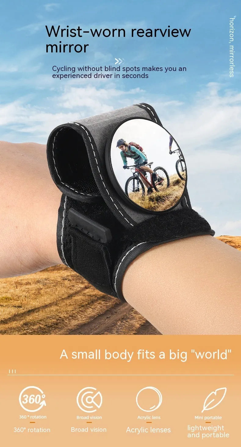 Black wrist-mounted bicycle rear-view mirror with adjustable arm for cycling safety