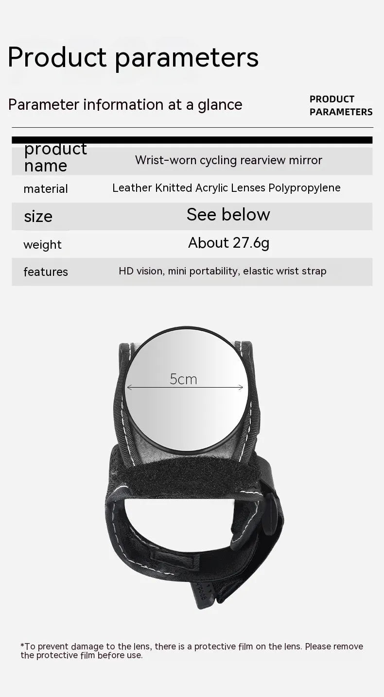 Black wrist-mounted bicycle rear-view mirror with adjustable arm for cycling safety