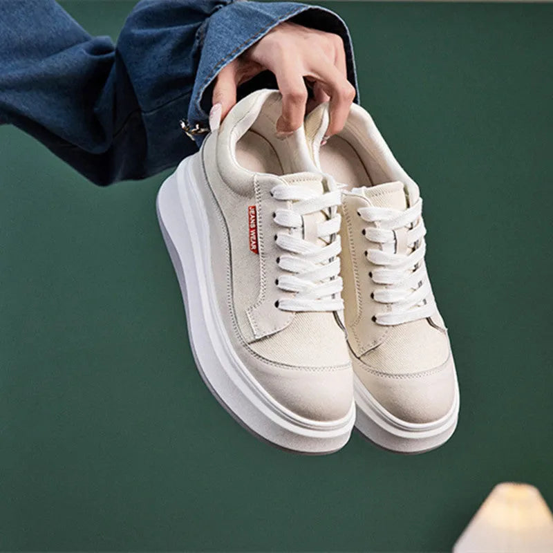 Women's beige and pink cowhide leather board shoes with a thick sole for height increase.