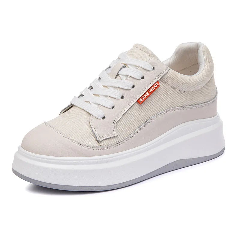 Women's beige and pink cowhide leather board shoes with a thick sole for height increase.