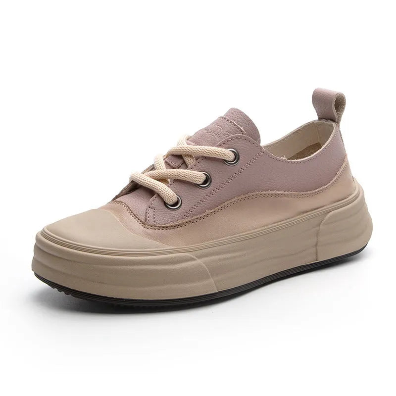 Women's leather platform sneakers in matcha green, orange, and purple colours showing round toe and lace-up design