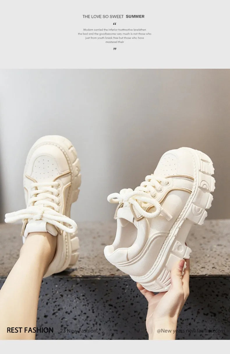Women's beige and pink muffin bottom leather casual shoes with a rubber foam sole.