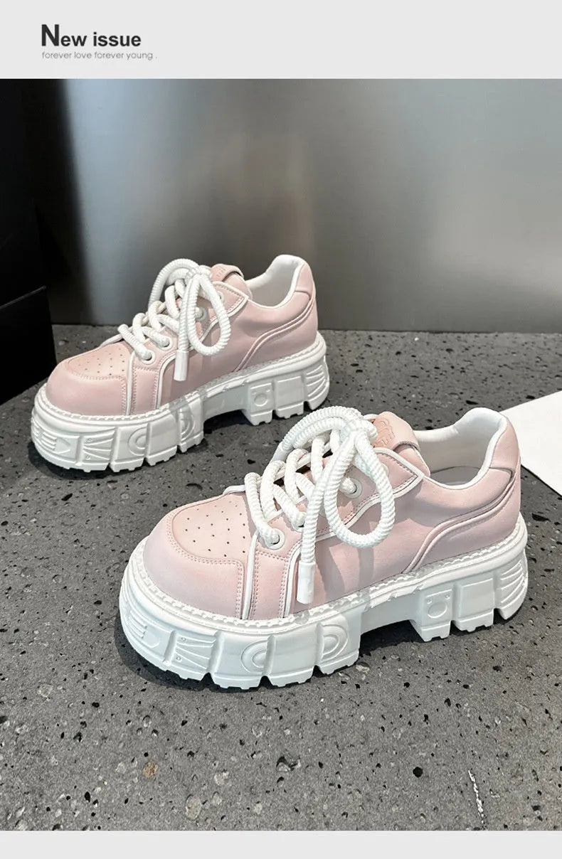 Women's beige and pink muffin bottom leather casual shoes with a rubber foam sole.
