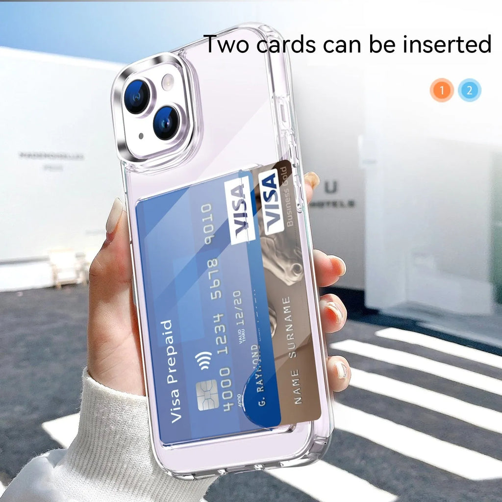 Transparent acrylic two-in-one card holder phone case for iPhone 15, 14, 13, 12 series with card slot visible on back