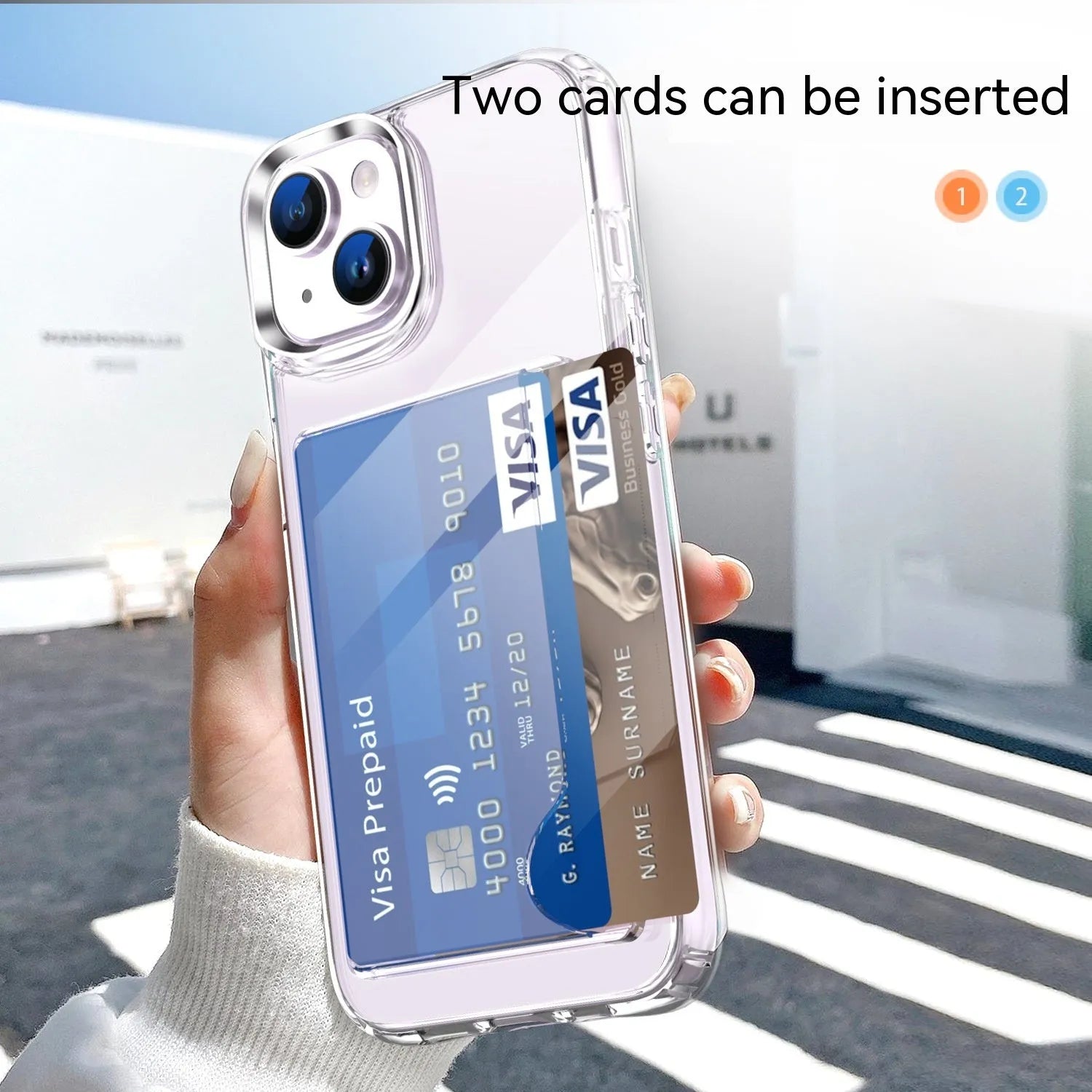 Transparent acrylic two-in-one card holder phone case for iPhone 15, 14, 13, 12 series with card slot visible on back