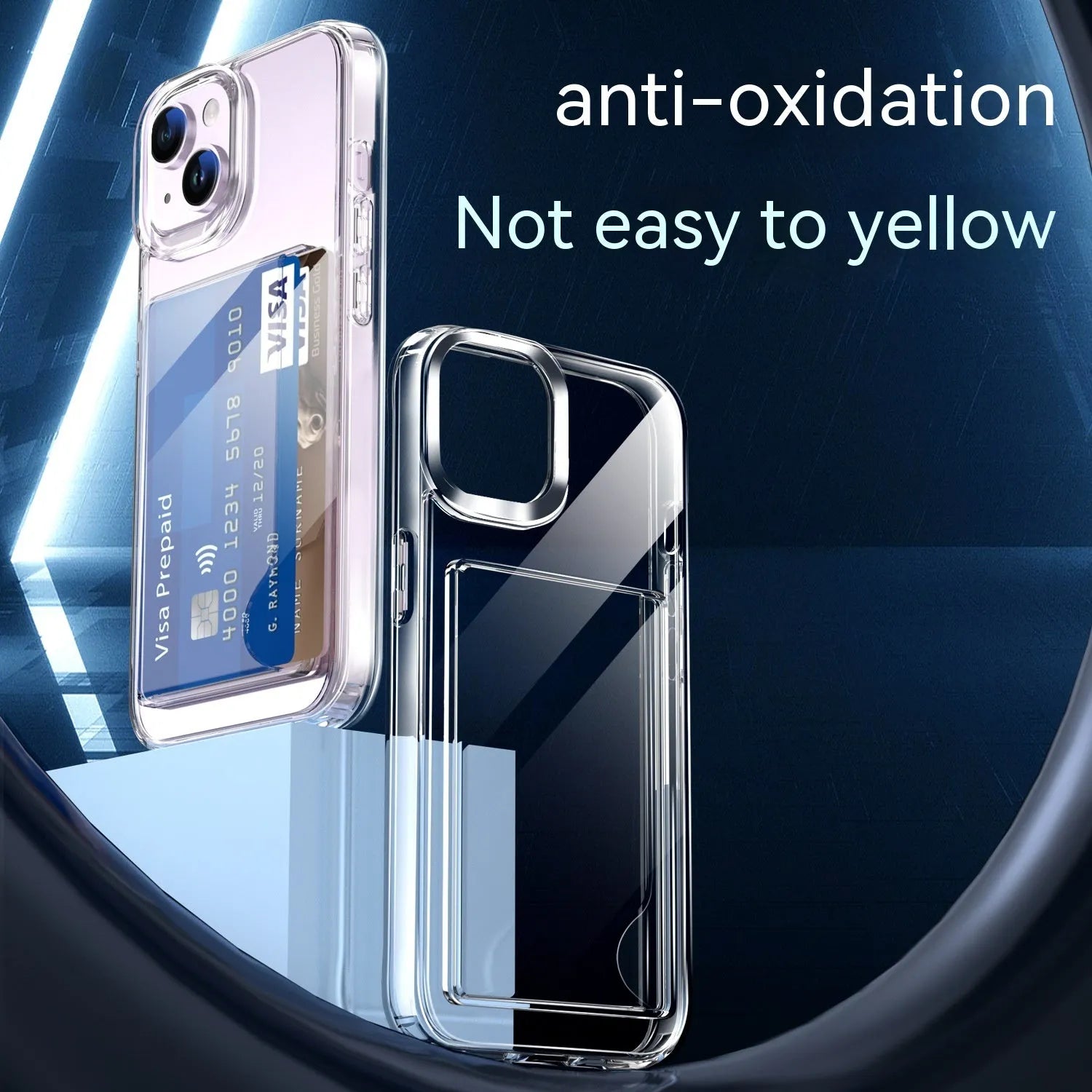 Transparent acrylic two-in-one card holder phone case for iPhone 15, 14, 13, 12 series with card slot visible on back
