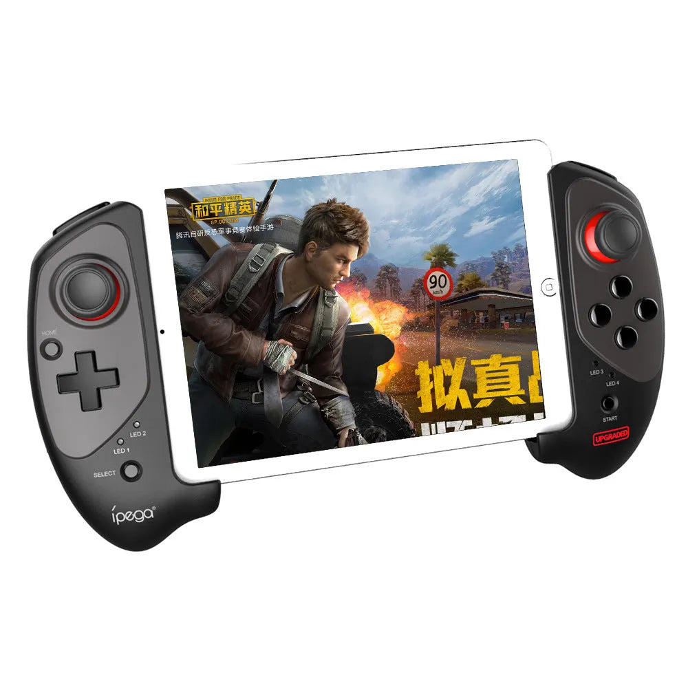 Red telescopic Bluetooth gamepad extended with phone inserted, showing USB cable