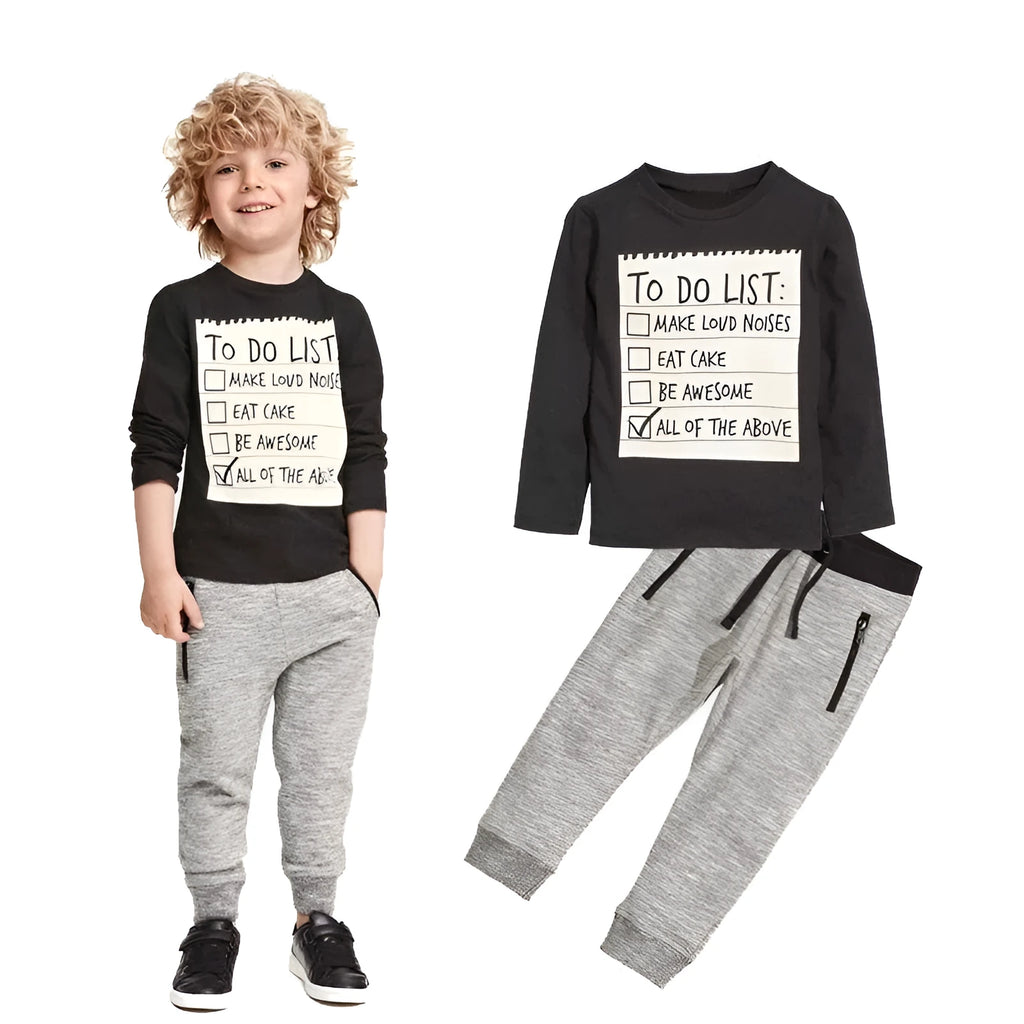 Boys cotton two-piece suit with long sleeve t-shirt and pants, letter pattern design